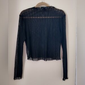 Sheer Pleated Boat Neck Top – Plus Size 0X, Elegant Long Sleeve Blouse